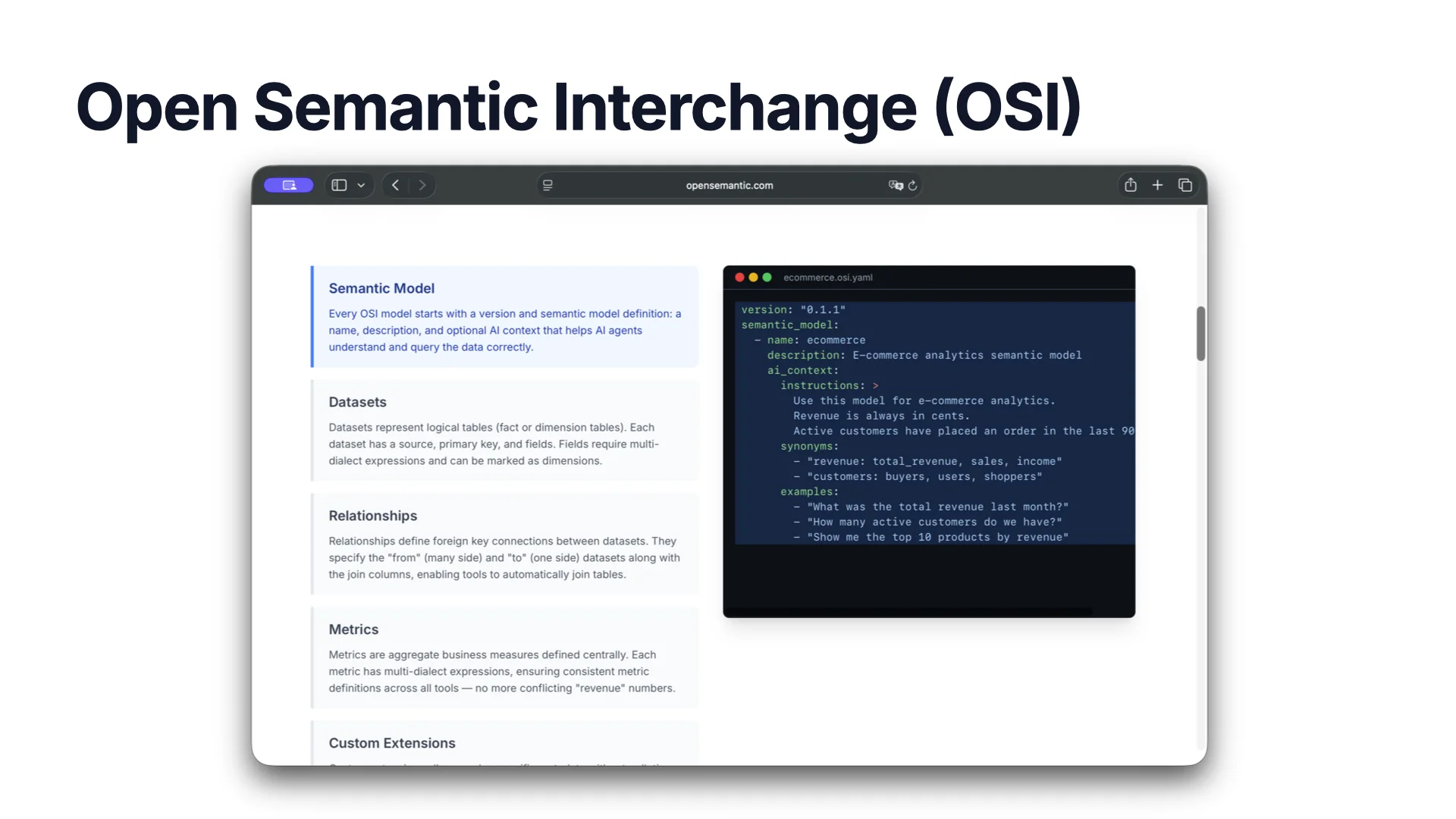 Exemple de mod&egrave;le s&eacute;mantique OSI en YAML avec contexte IA, synonymes et exemples