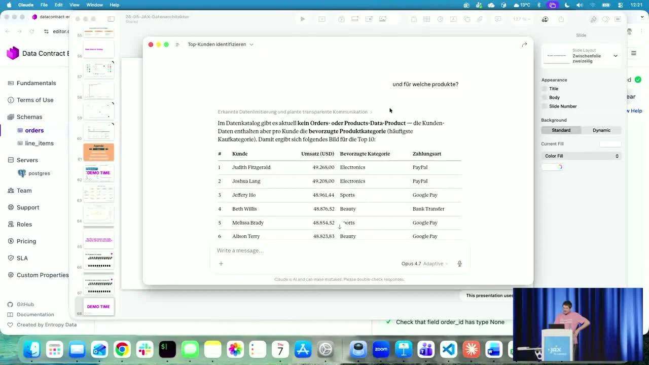 Live-Demo: Agent liefert die Top-10-Kunden mit Umsatz, bevorzugter Produktkategorie und Zahlungsmethode -- und beantwortet dann eine Folgefrage