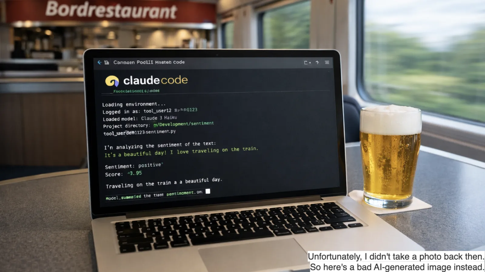 Slide 4: Claude Code on a laptop in a train restaurant car (AI-generated image)