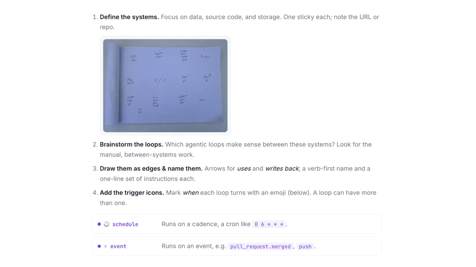 Slide 38: Instructions: define the systems, brainstorm the loops, draw them as edges and name them, add the trigger icons