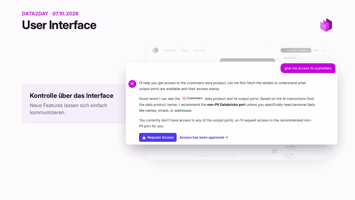 Der Chatbot antwortet auf ‚gib mir Zugriff auf Customers‘: Er empfiehlt den Databricks-Port ohne PII auf Basis der AI Instructions des Data Product Owners, weist darauf hin, dass der User noch keinen Zugriff hat, und zeigt einen Request-Access-Button mit dem Hinweis, dass der Zugriff freigegeben wurde