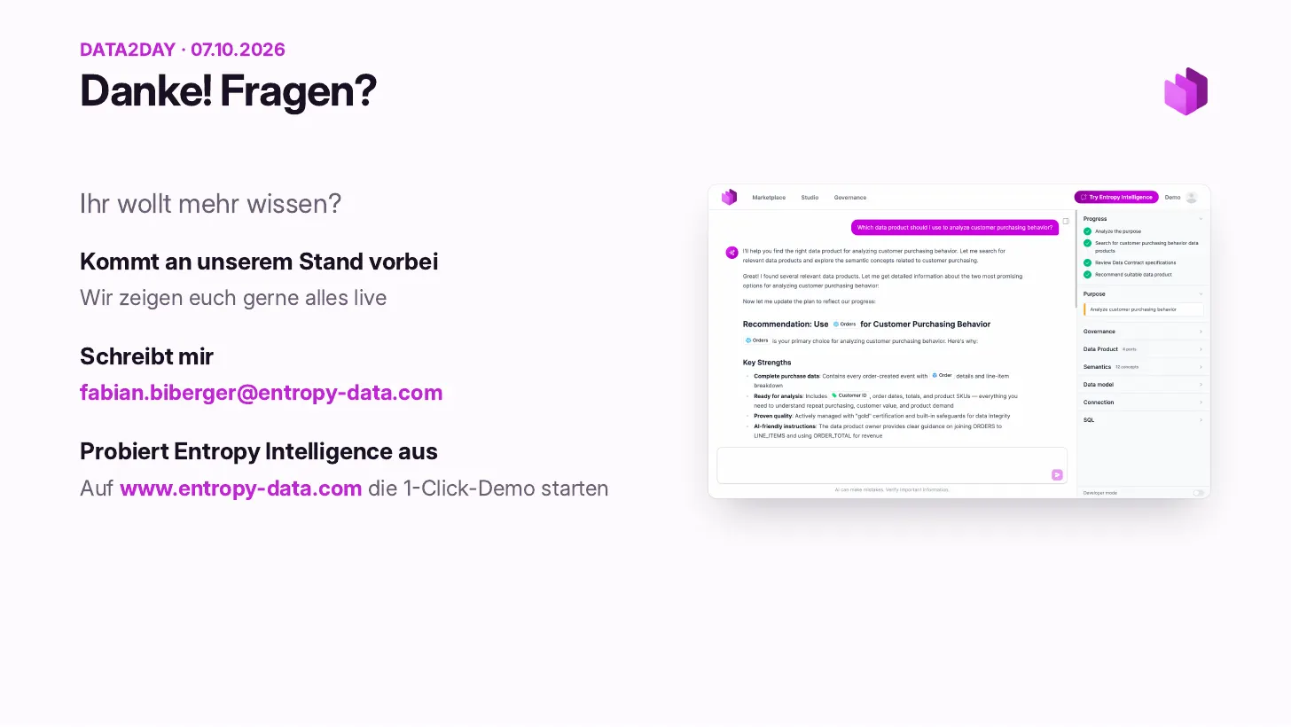 Danke! Fragen? Komm an unseren Stand, wir zeigen dir alles gerne live. Schreib an fabian.biberger@entropy-data.com. Probier Entropy Intelligence aus: Starte die 1-Click-Demo auf www.entropy-data.com