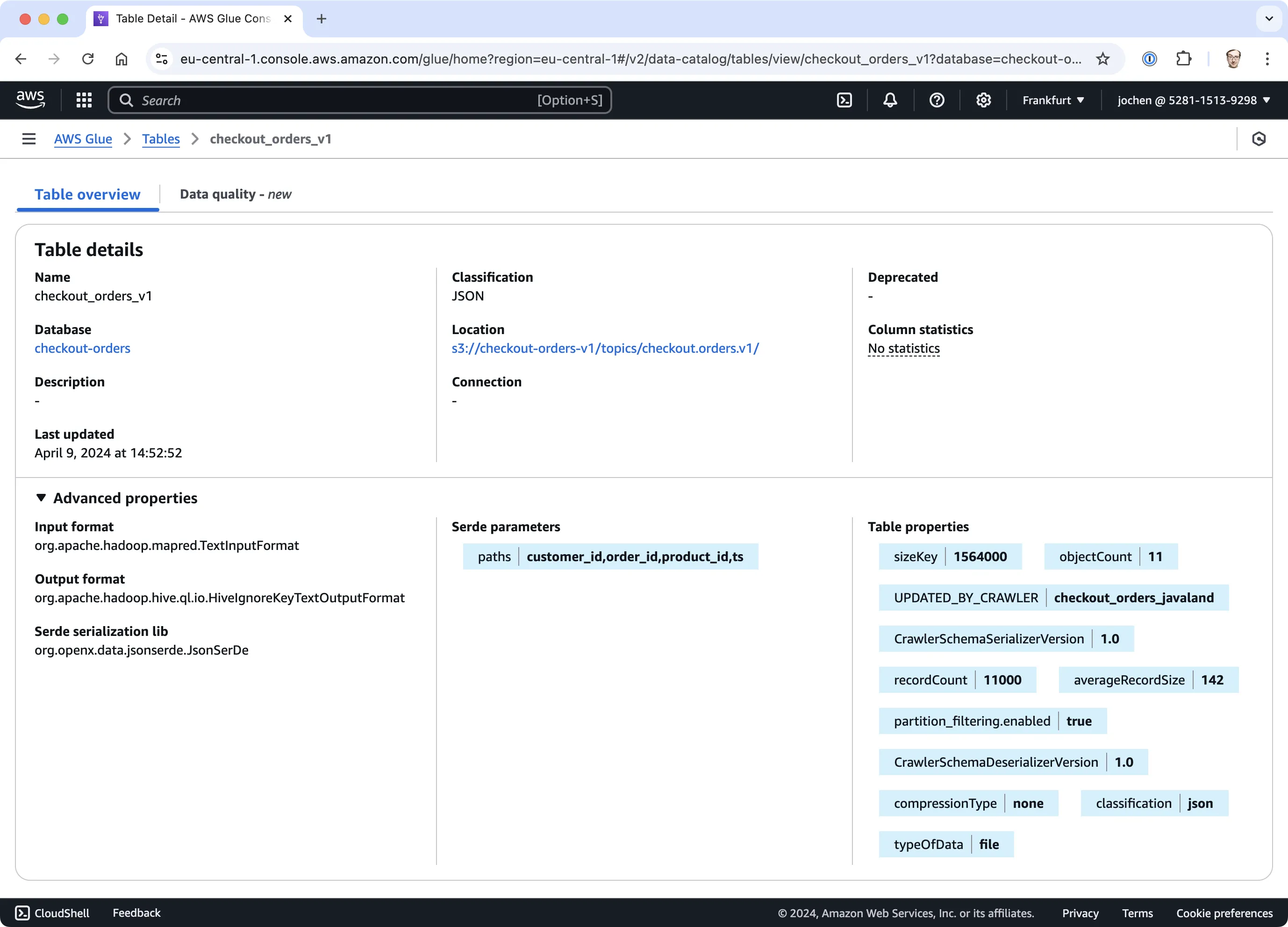 Capture d'écran d'AWS Glue Data Catalog