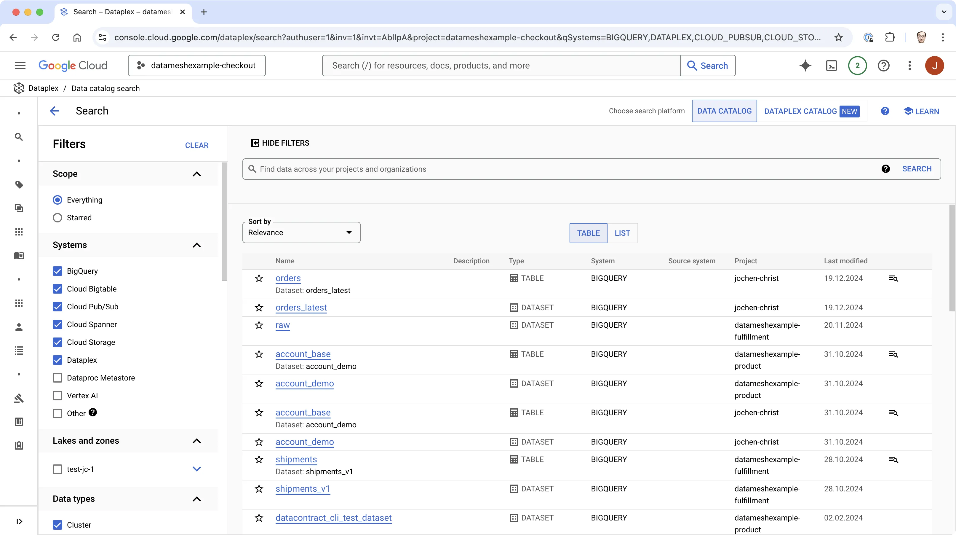 Capture d'écran de Google Dataplex Data Catalog