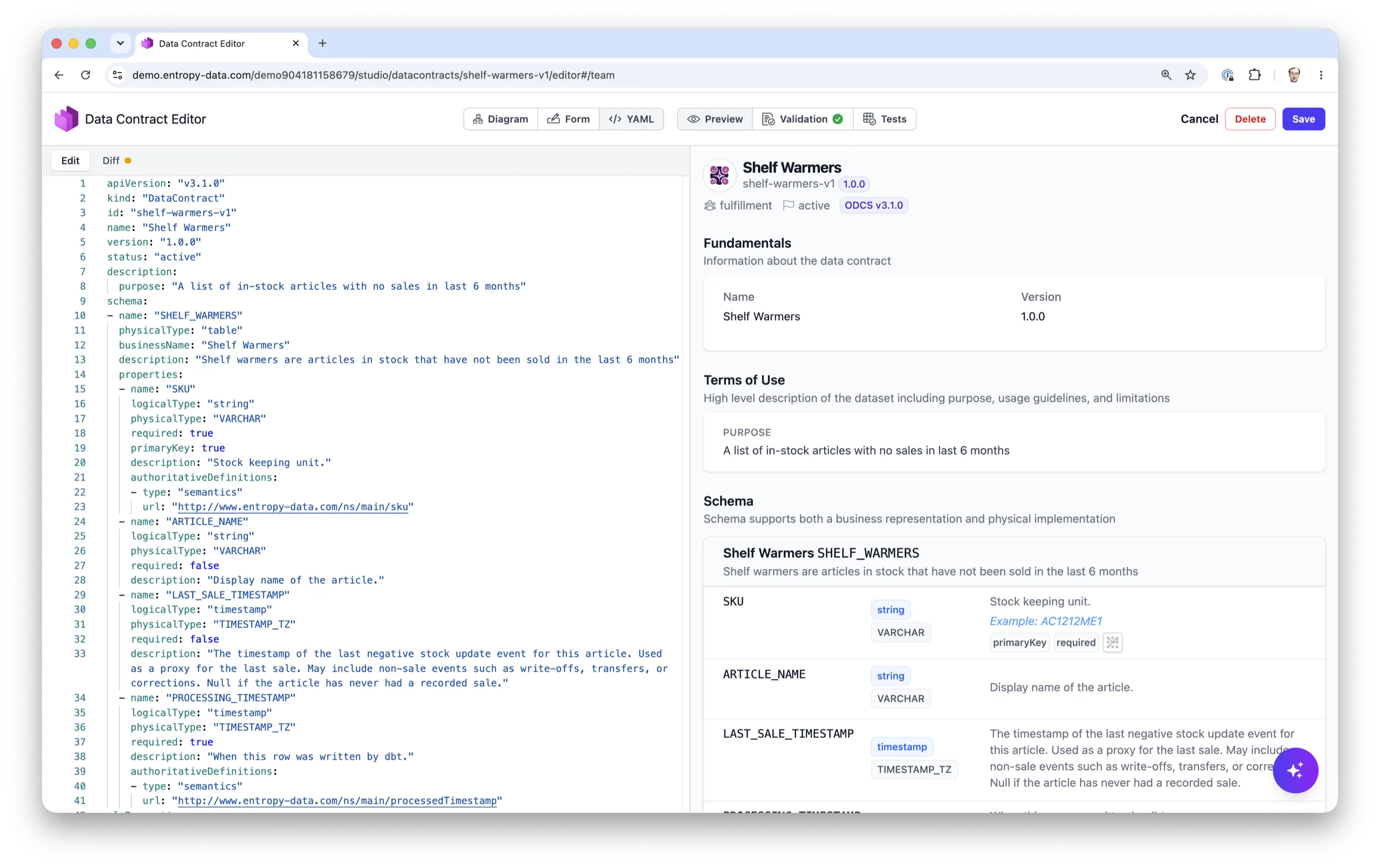 El Data Contract de Shelf Warmers en el editor de contratos de Entropy Data, con el YAML ODCS a la izquierda y el esquema renderizado con SKU, nombre del artículo y marca de tiempo de la última venta a la derecha.
