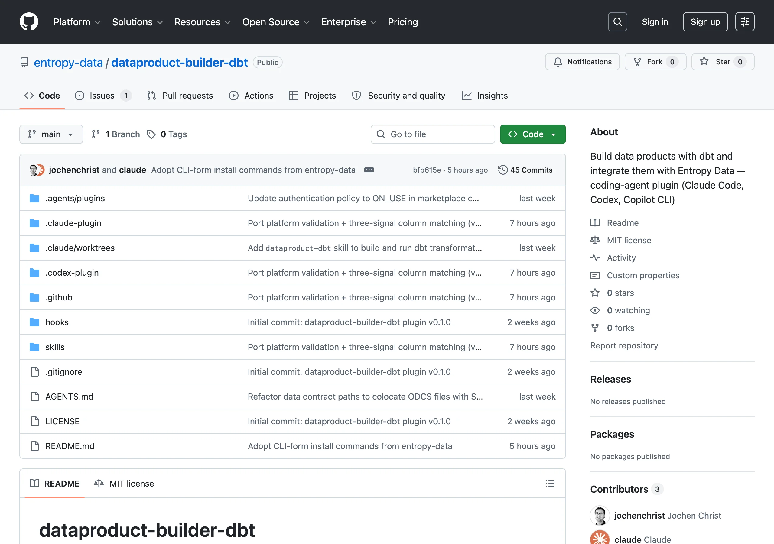 El repositorio entropy-data/dataproduct-builder-dbt en GitHub con skills, hooks, .claude-plugin, .codex-plugin y plantillas.