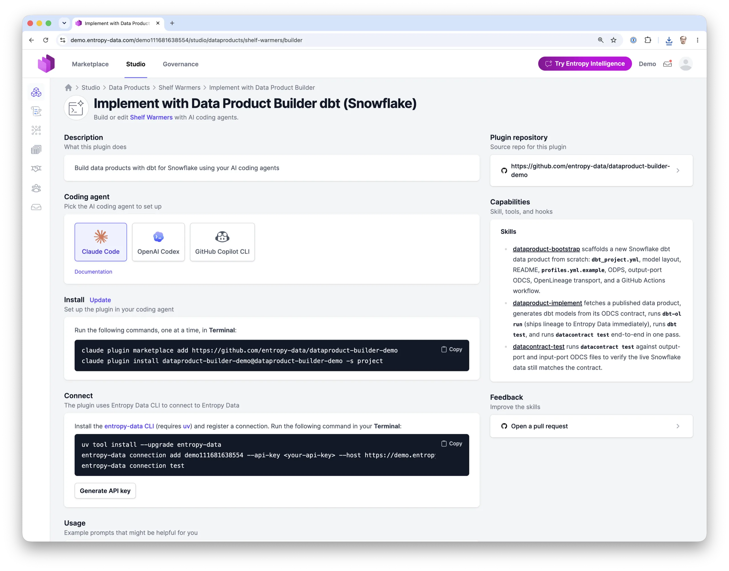 La pestaña Data Product Builder en la página del producto de datos Shelf Warmers: elige el coding agent (Claude Code, OpenAI Codex, GitHub Copilot CLI), copia los comandos de instalación y conexión y consulta las skills del builder.