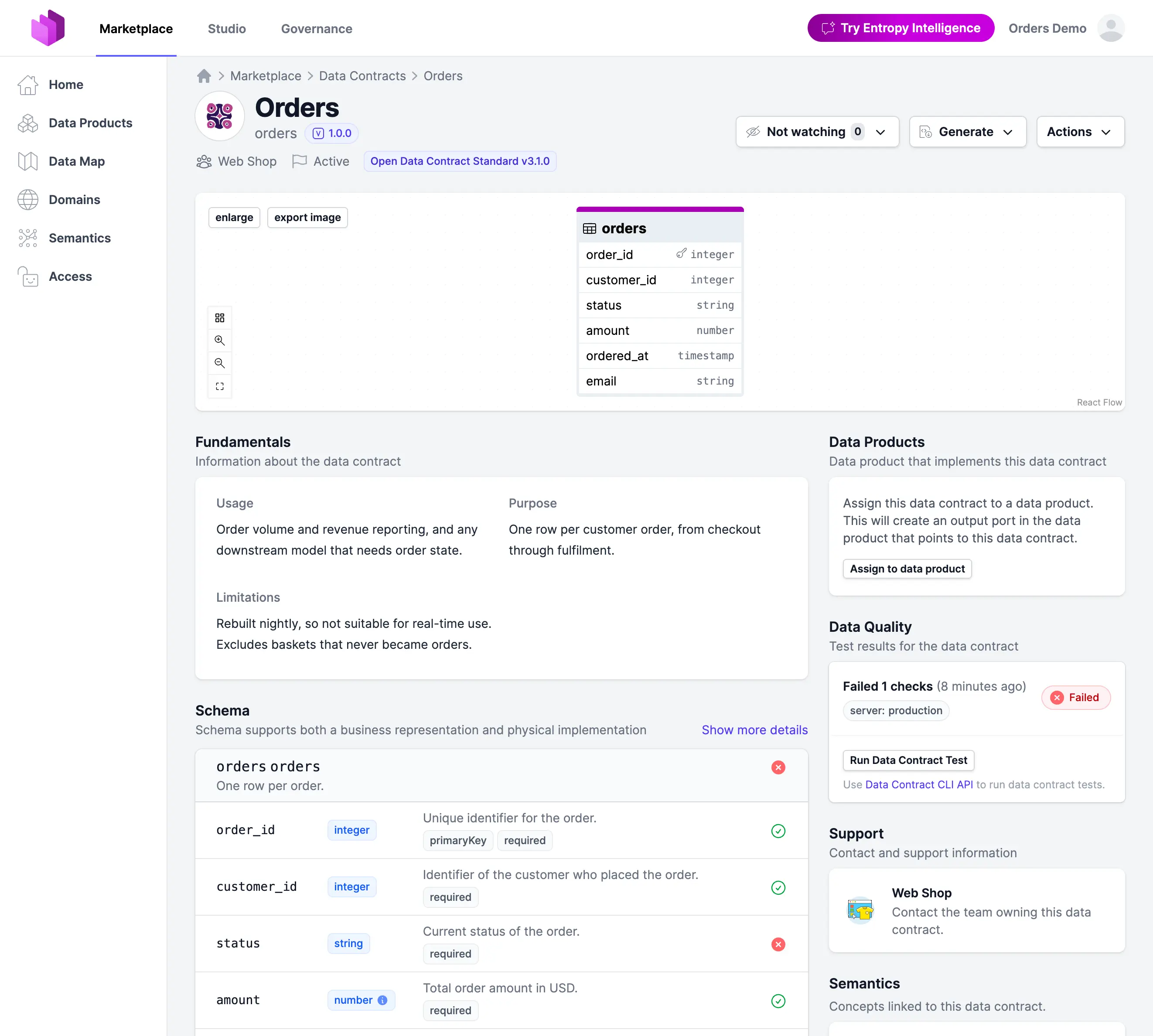 The Orders data contract in Entropy Data: purpose, usage and limitations, and the schema with every column's description, type and required flag, with a red mark on status where the latest run failed.