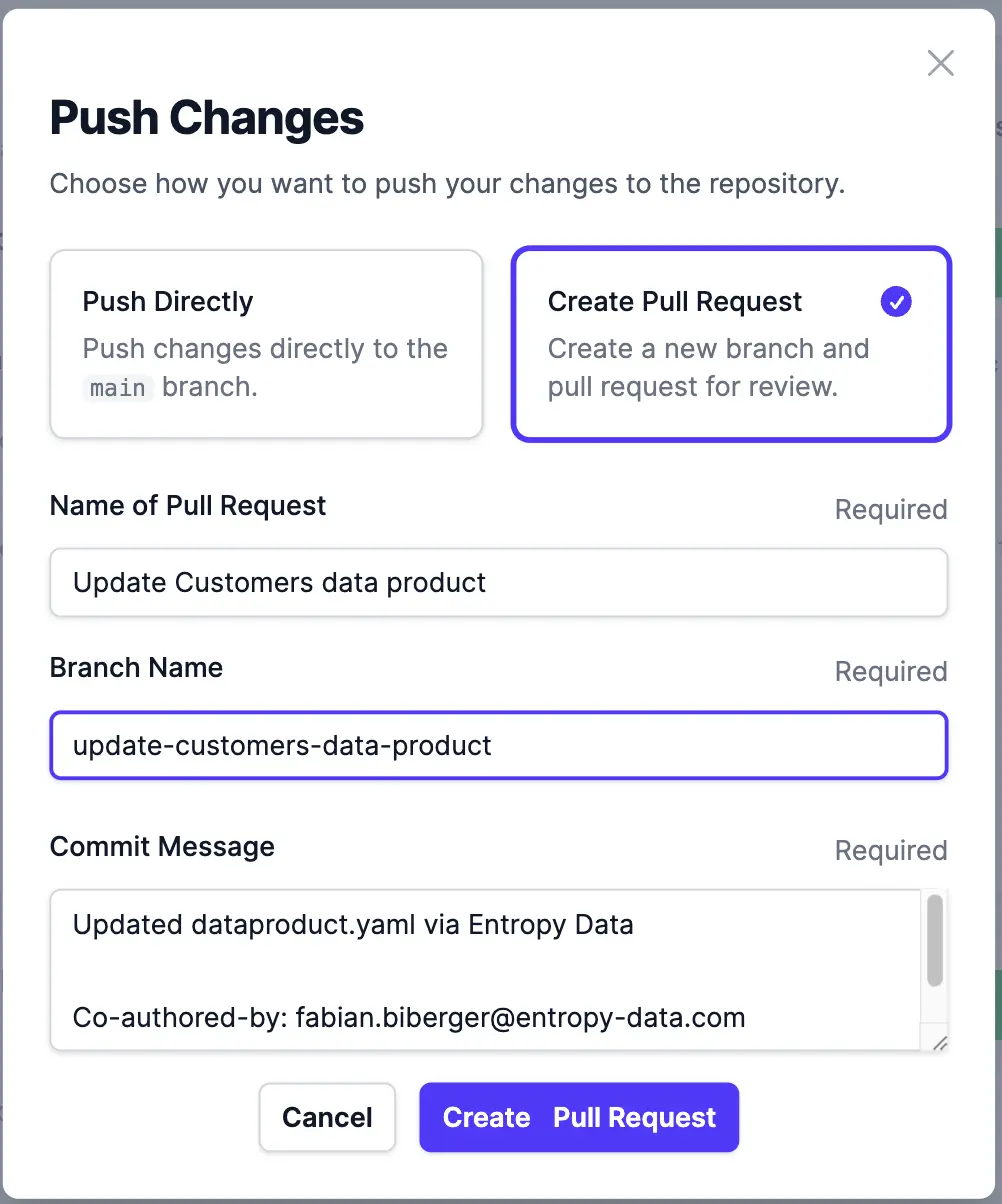 The Push Changes modal with Create Pull Request selected, showing fields for the PR name, branch name, and commit message