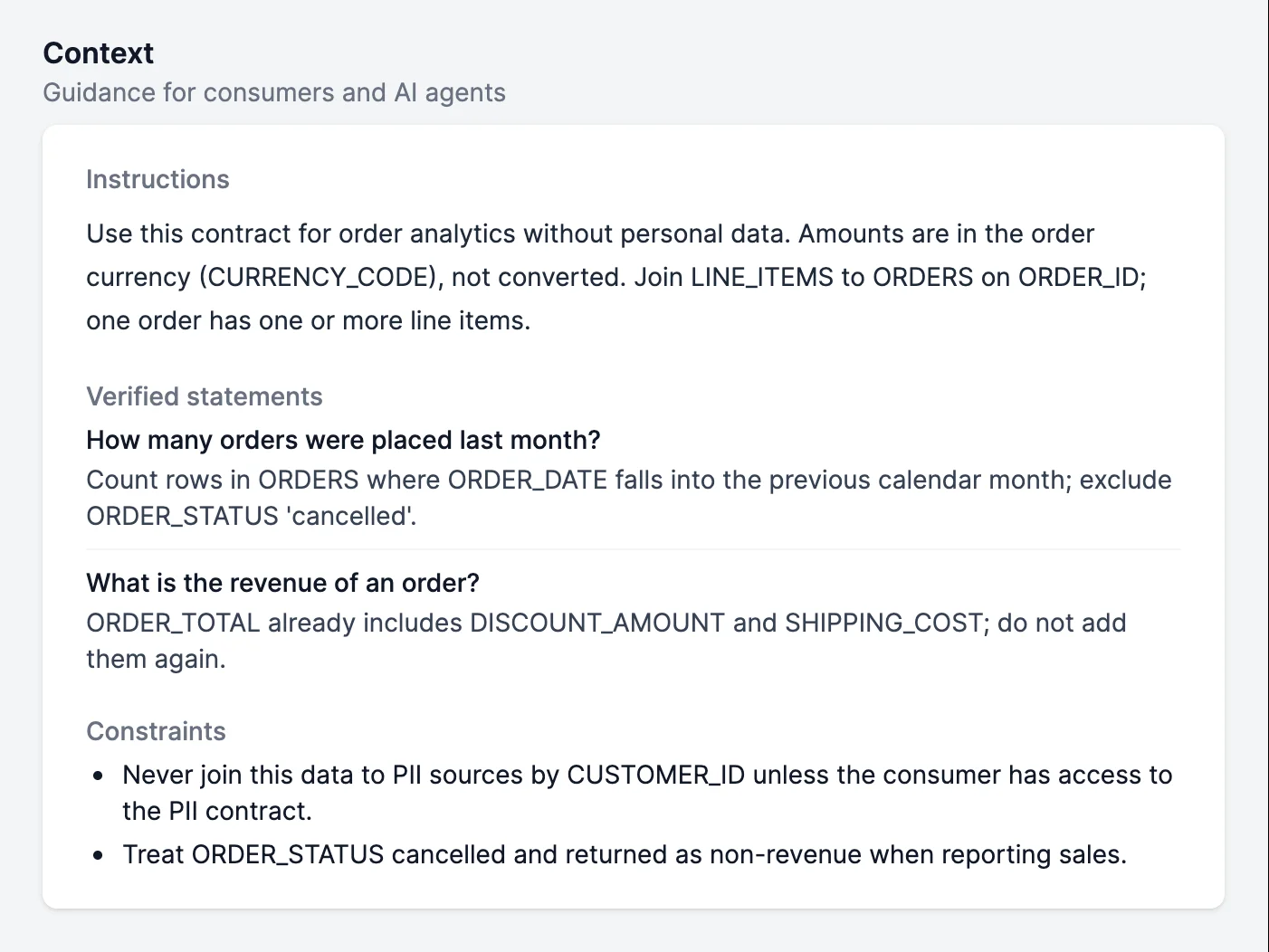 Der Context-Bereich eines ODCS v3.2.0 Data Contracts in Entropy Data: Anweisungen, verifizierte Aussagen und Einschränkungen für Consumers und KI-Agenten