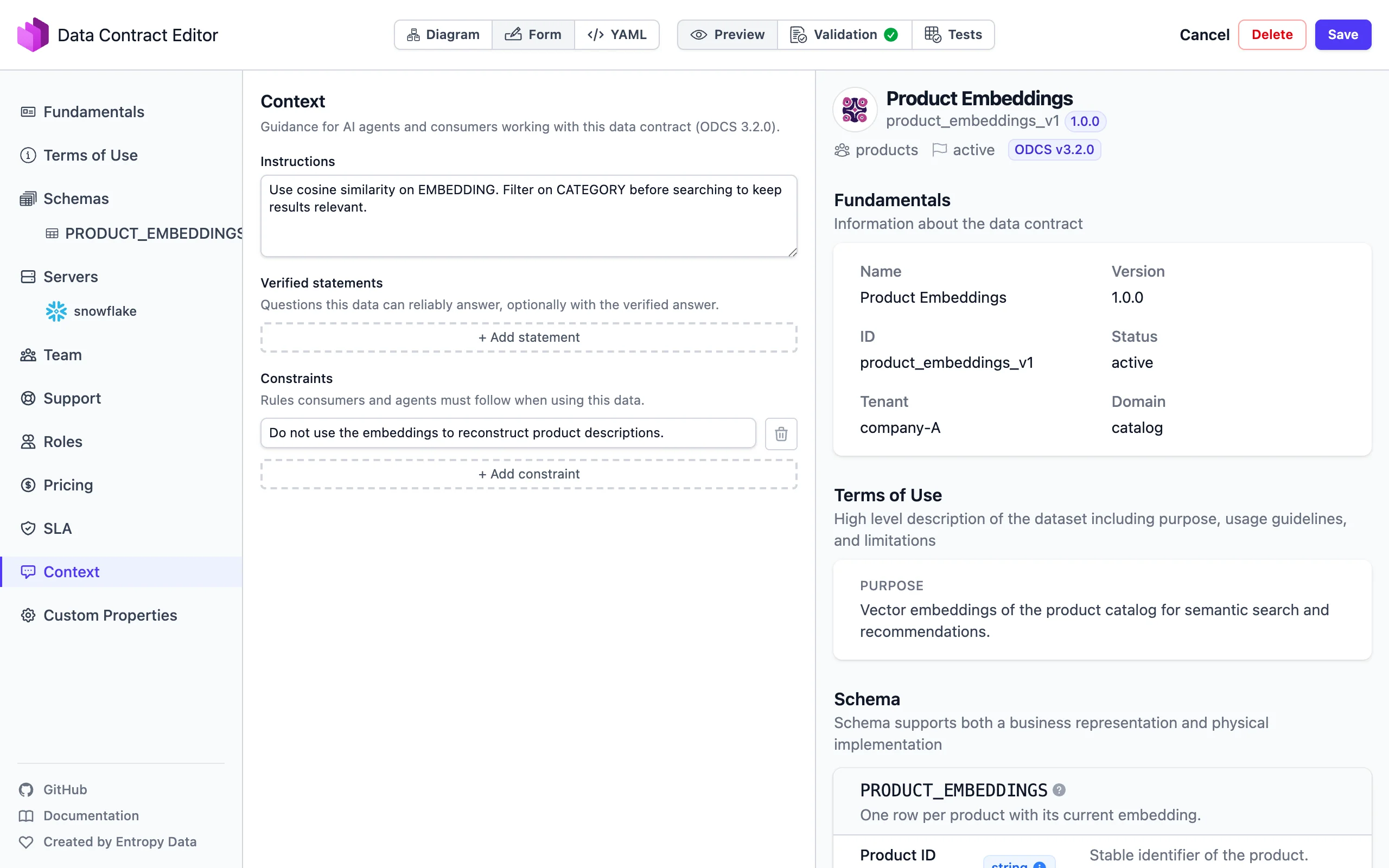 Der Data Contract Editor mit dem Context-Bereich eines ODCS v3.2.0 Data Contracts