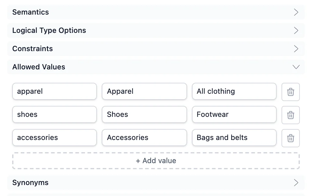 Der Bereich Allowed Values einer Property im Data Contract Editor mit den Enum-Werten apparel, shoes und accessories samt Labels und Beschreibungen