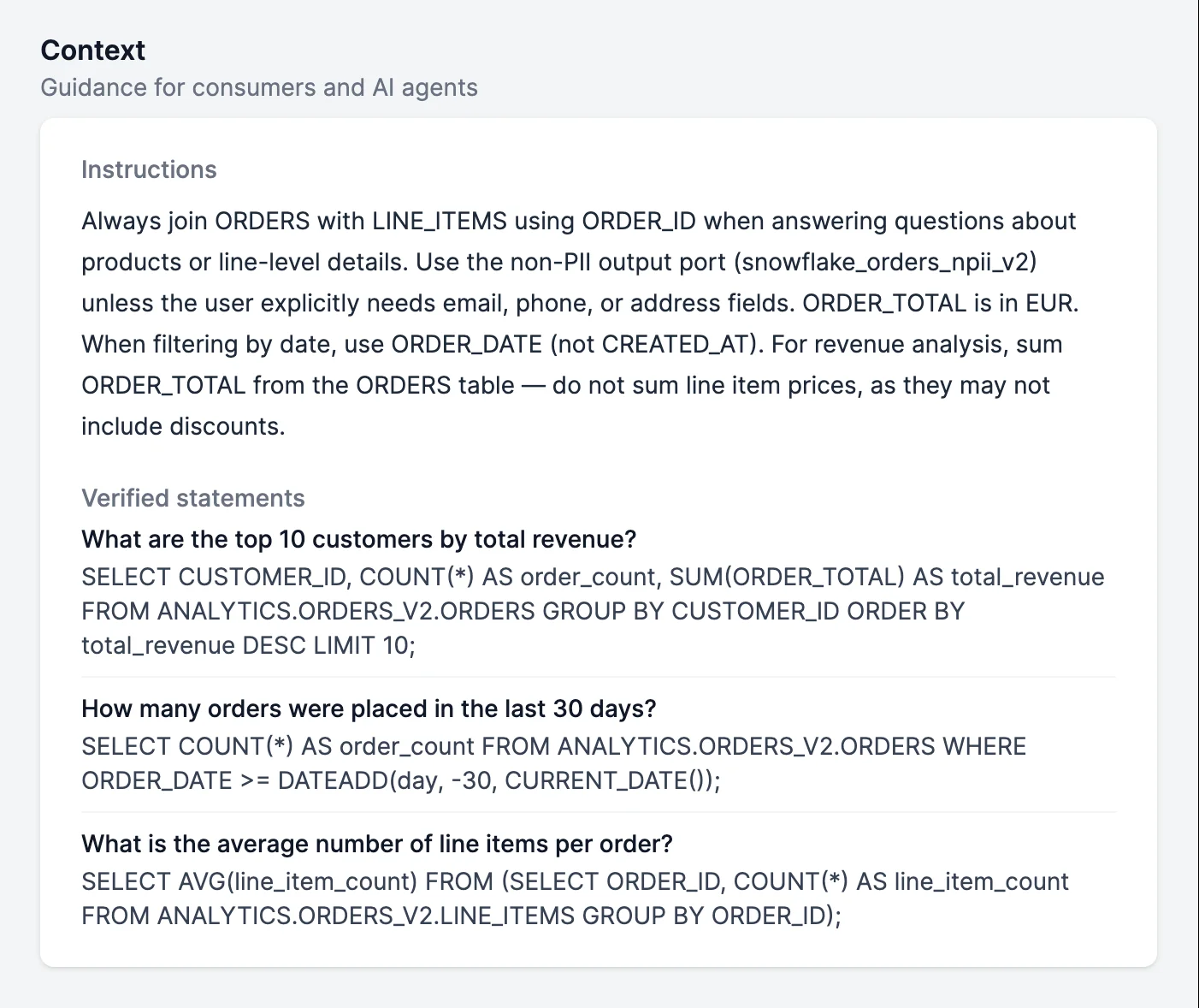 Der Context-Bereich eines Datenprodukts in Entropy Data mit Anweisungen und verifizierten Aussagen in Form von SQL-Abfragen