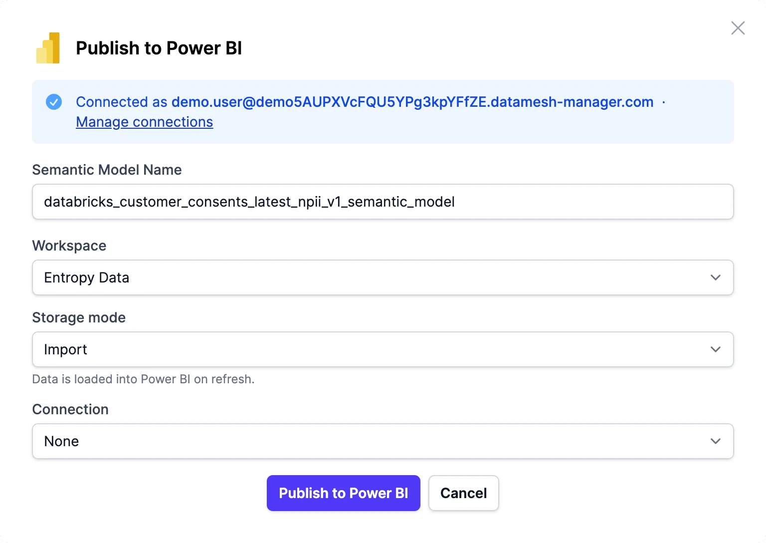 La boîte de dialogue Publish to Power BI dans Entropy Data, avec les options d'espace de travail et de connexion